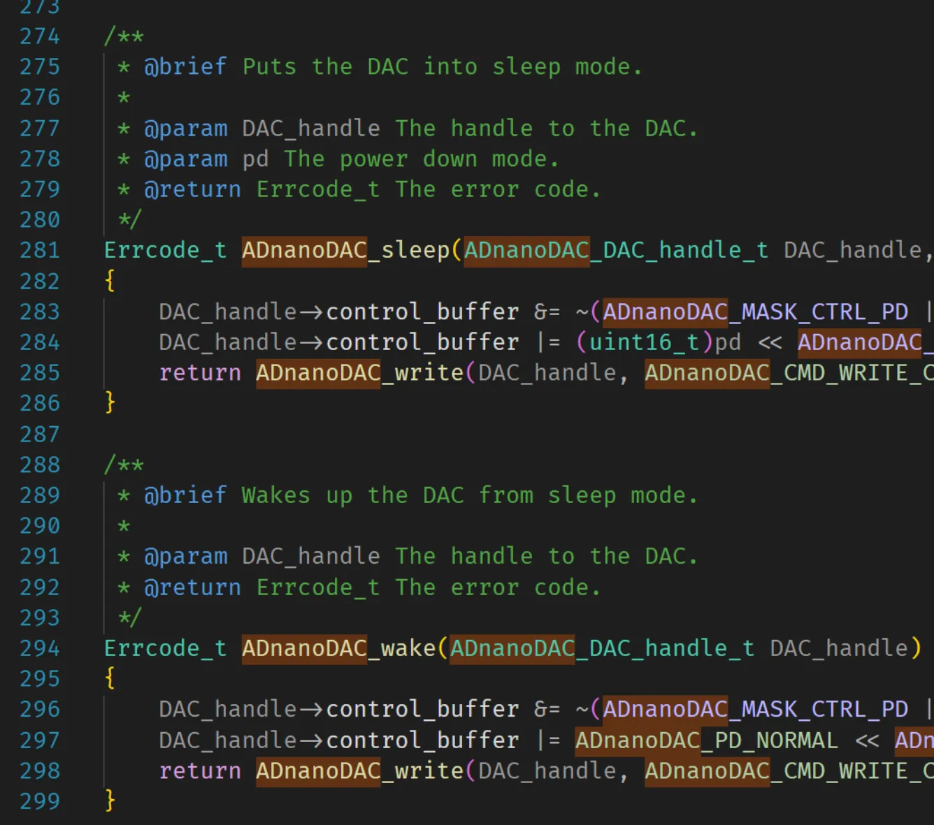 C source code of a DAC driver with sleep and wake functions