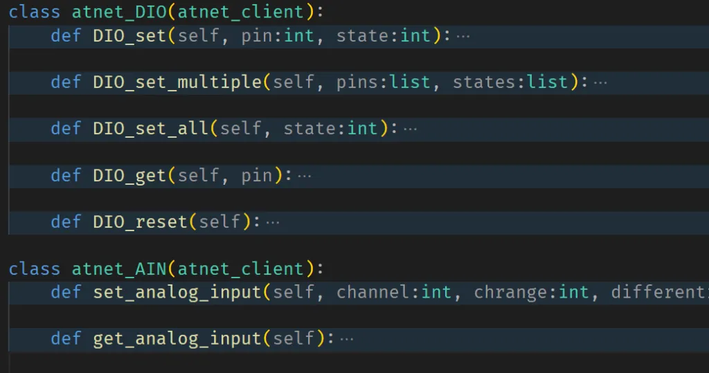 Python client code for ATNET digital and analog I/O