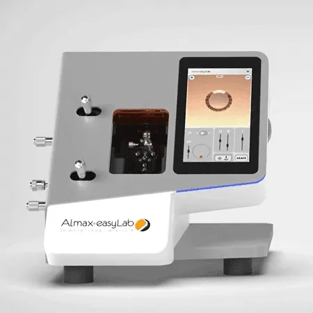 The uDrill Pro seen from the front, with the drilling chamber on the left and the touchscreen on the right